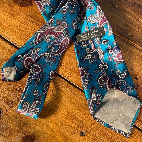 Christian Dior Paisley Print Silk Neck Tie Blue - Picture 3 of 7